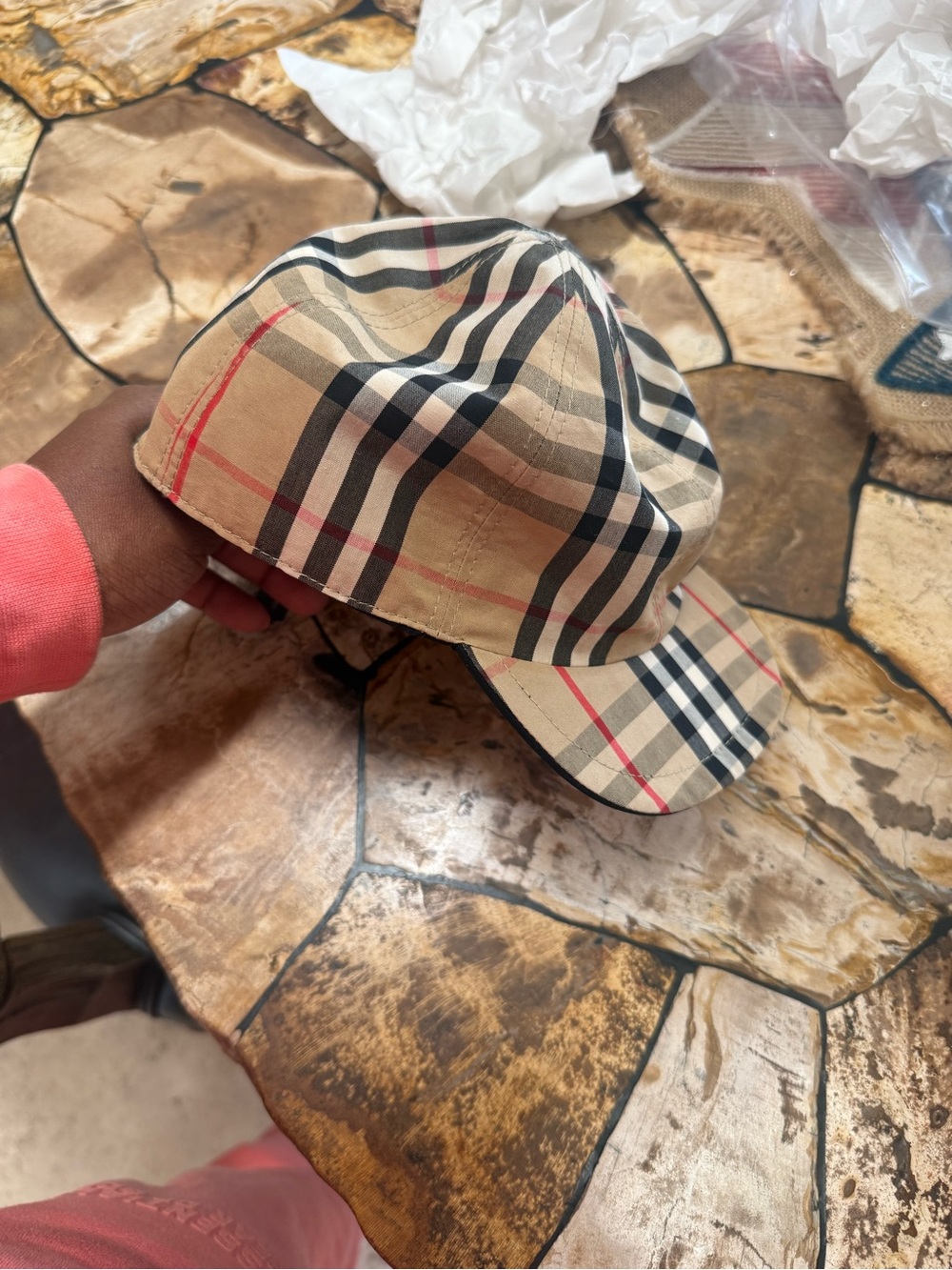 Burberry Beige Plaid Kids Cap with Black & Red Stripes